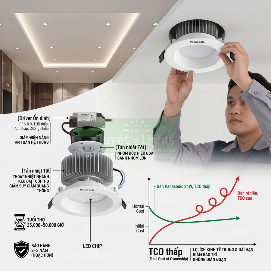 Đèn LED âm trần Panasonic 24W tiết kiệm điện, tản nhiệt tốt, thợ đang lắp đặt trên trần nhà hiện đại