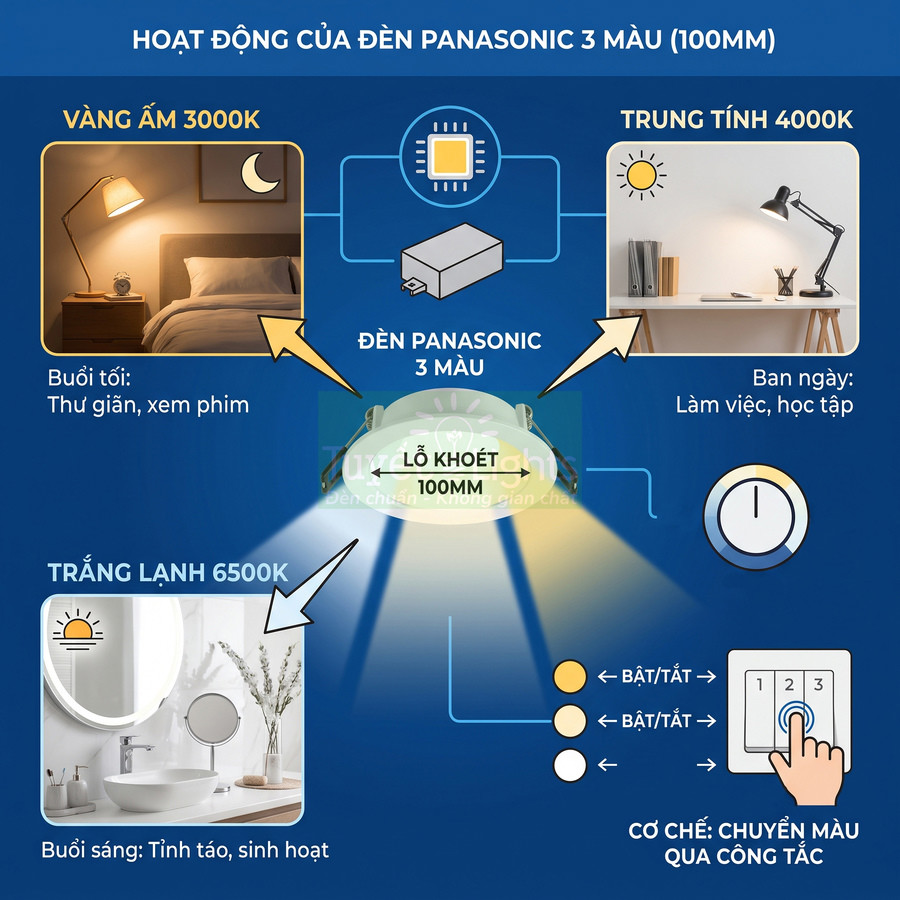 Đèn âm trần Panasonic 3 màu 100mm với ba chế độ sáng 3000K 4000K 6500K chuyển đổi bằng công tắc
