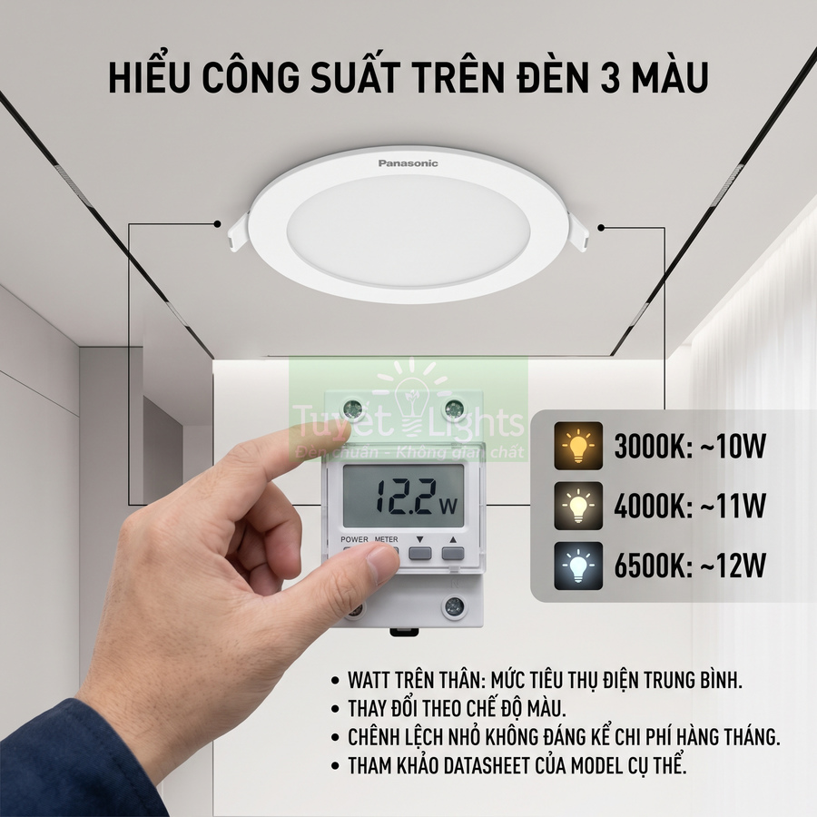 Đèn LED âm trần Panasonic 3 màu kèm đồng hồ đo công suất và thông số watt theo nhiệt độ màu