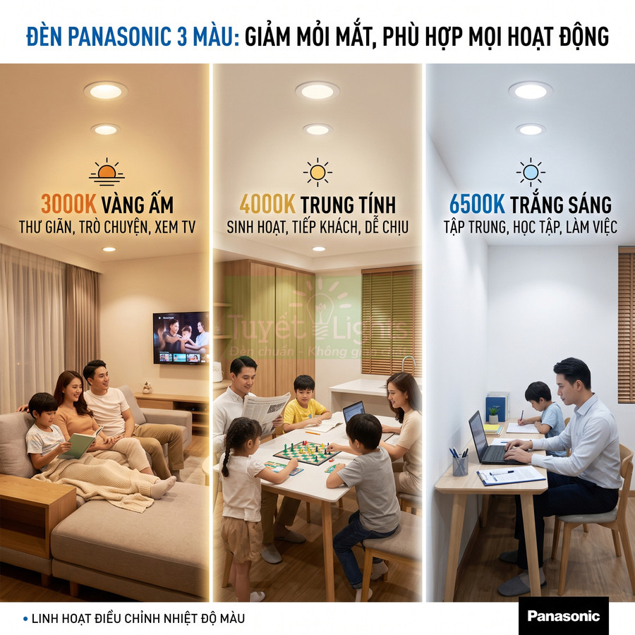 Đèn LED Panasonic 3 màu 3000K 4000K 6500K cho phòng khách, phòng ăn và góc học tập làm việc