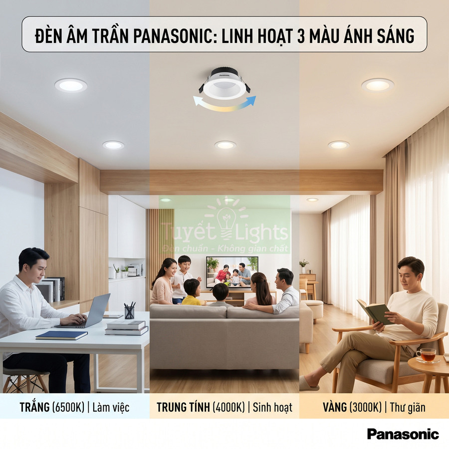 Đèn âm trần Panasonic đổi 3 màu ánh sáng cho phòng làm việc, sinh hoạt và thư giãn