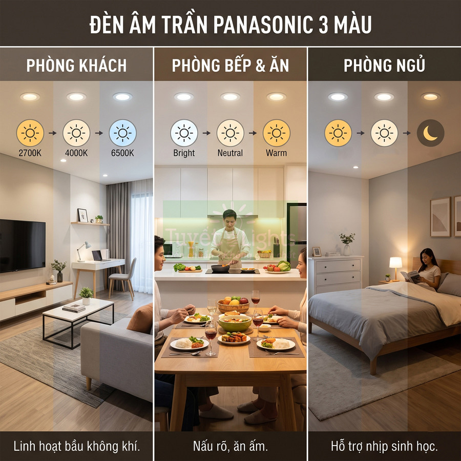Đèn âm trần Panasonic 3 màu cho phòng khách, bếp ăn và phòng ngủ, điều chỉnh nhiệt độ màu linh hoạt