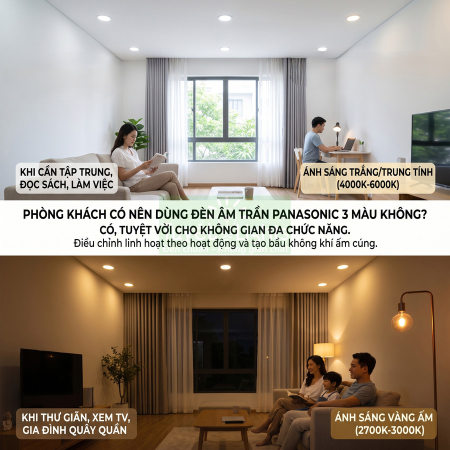 Phòng khách dùng đèn âm trần Panasonic 3 màu, ánh sáng trắng và vàng ấm cho làm việc và thư giãn
