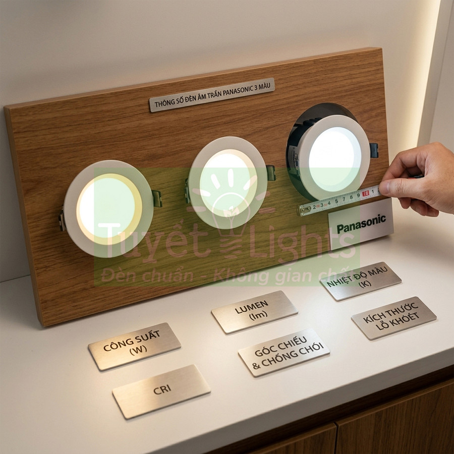 Đèn âm trần Panasonic 3 màu trưng bày trên bảng gỗ, người dùng đo kích thước lỗ khoét