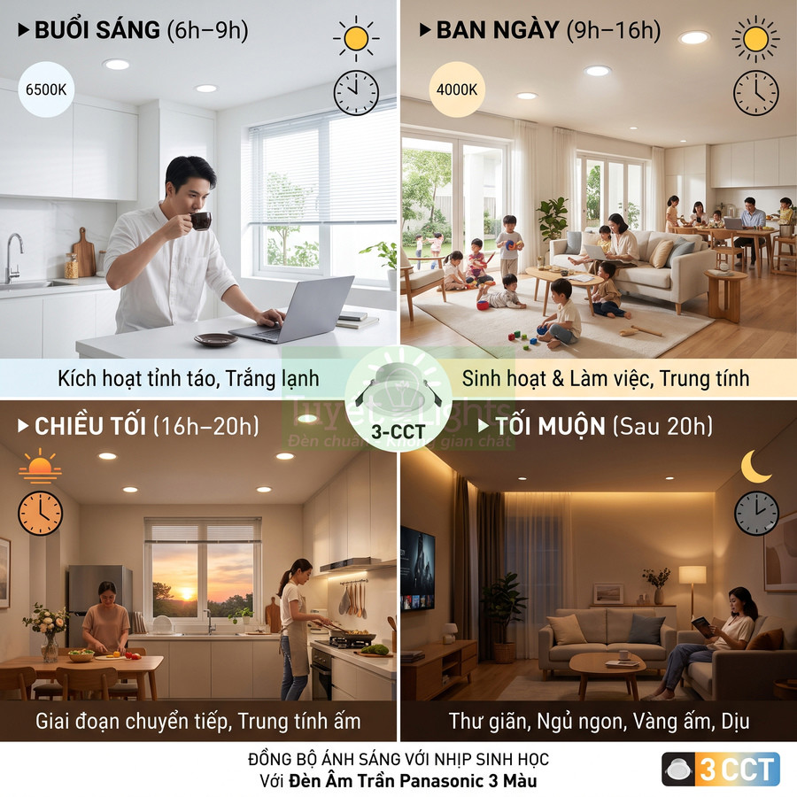 Đèn âm trần Panasonic 3 màu điều chỉnh ánh sáng theo từng thời điểm trong ngày trong không gian gia đình