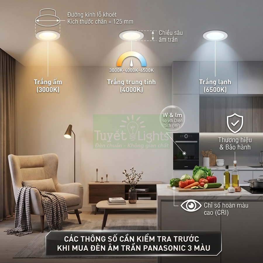 Đèn âm trần Panasonic 3 màu cho phòng khách và bếp, ánh sáng vàng, trung tính và trắng lạnh