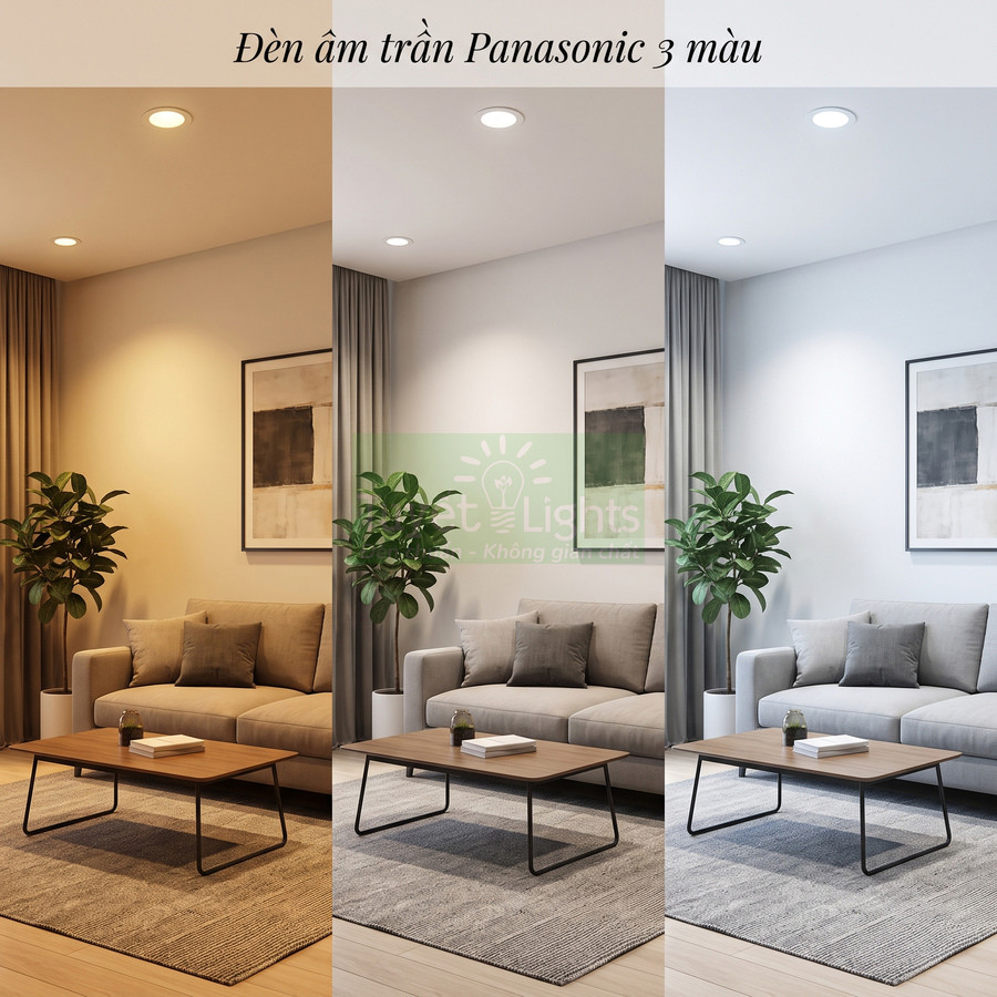 Đèn âm trần Panasonic 3 màu lắp trong phòng khách hiện đại với sofa xám và bàn gỗ