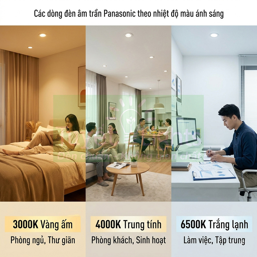 Đèn âm trần Panasonic với ba nhiệt độ màu 3000K vàng ấm, 4000K trung tính và 6500K trắng lạnh cho từng không gian