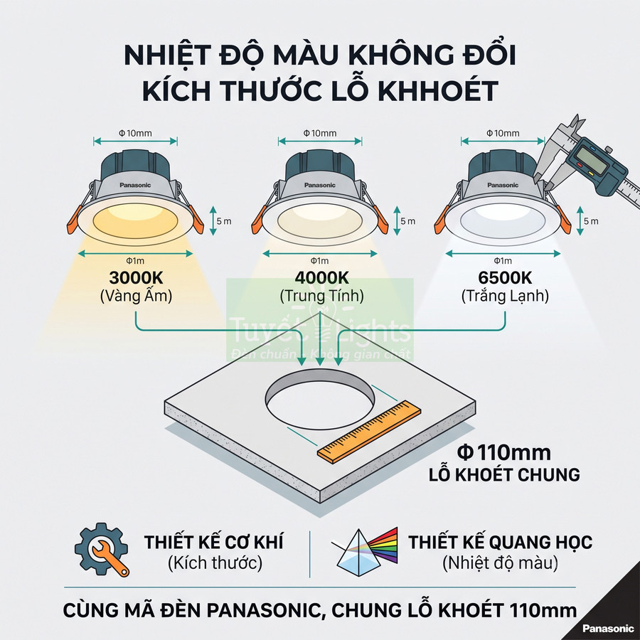 Đèn downlight âm trần Panasonic ba màu 3000K 4000K 6500K dùng chung lỗ khoét trần 110mm