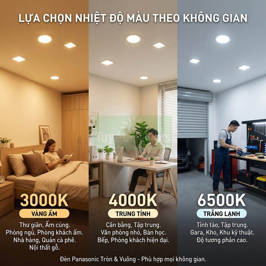 Đèn LED âm trần Panasonic 3000K 4000K 6500K cho phòng ngủ, phòng làm việc và gara phù hợp nhiều không gian