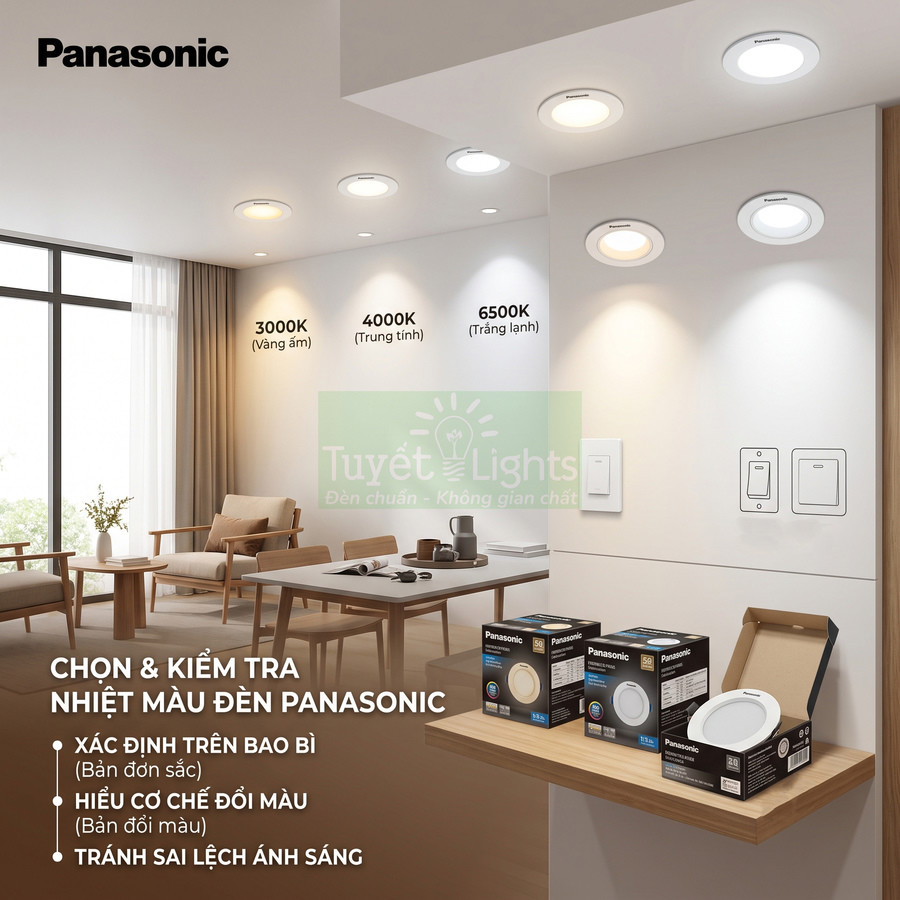 Đèn downlight Panasonic đổi màu 3000K 4000K 6500K trưng bày trong phòng khách hiện đại cùng hộp sản phẩm