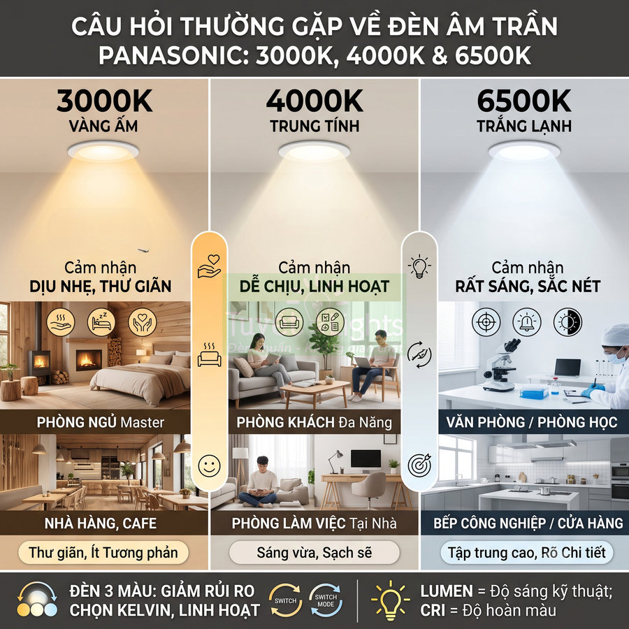 So sánh đèn âm trần Panasonic 3000K 4000K 6500K và gợi ý không gian sử dụng phù hợp