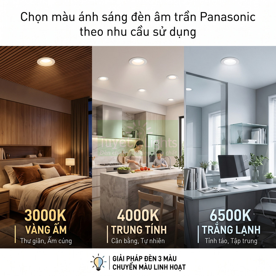 Đèn âm trần Panasonic 3 chế độ màu 3000K 4000K 6500K cho phòng ngủ bếp và góc làm việc