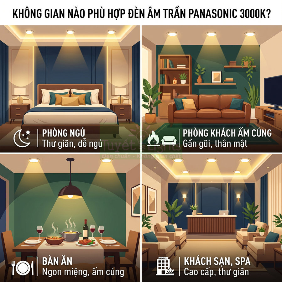 Đèn âm trần Panasonic 3000K chiếu sáng phòng ngủ, phòng khách, bàn ăn và sảnh khách sạn spa ấm cúng