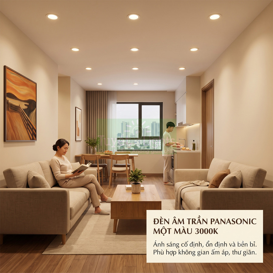 Đèn âm trần Panasonic ánh sáng vàng 3000K chiếu sáng phòng khách và bếp tạo không gian ấm cúng