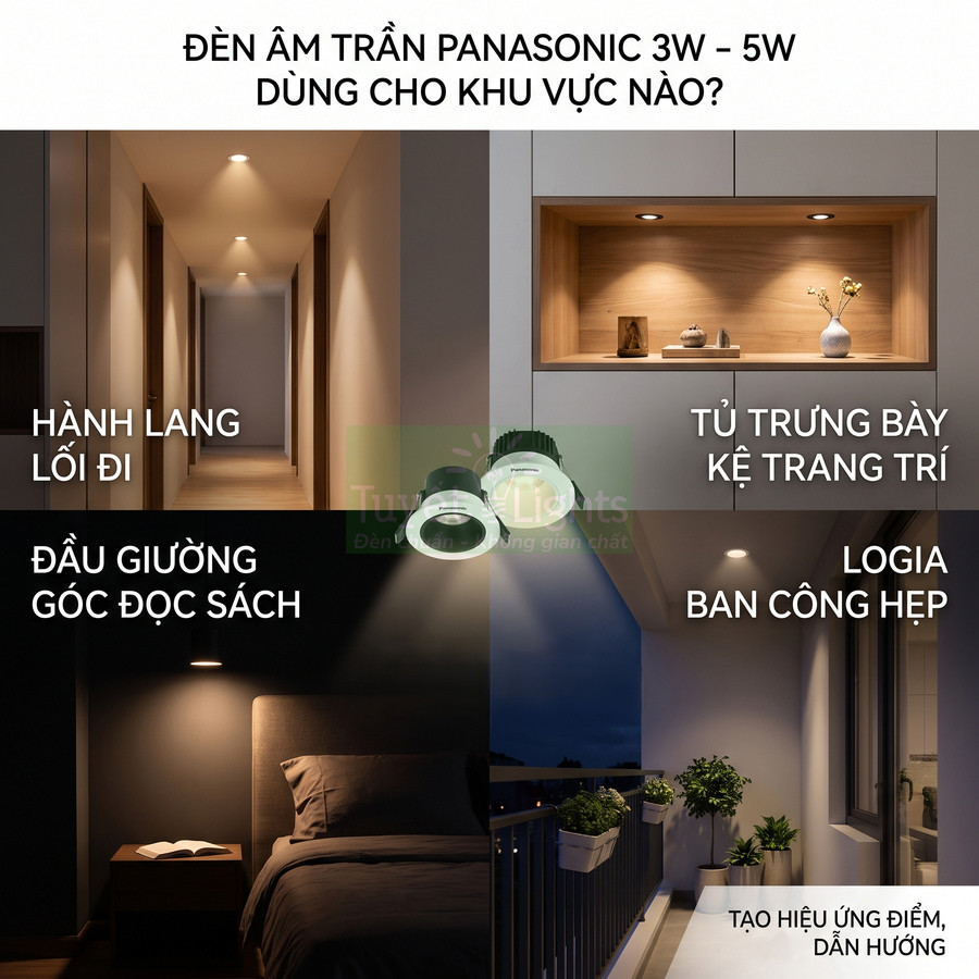 Đèn âm trần Panasonic 3W 5W chiếu sáng hành lang, đầu giường, tủ trang trí và logia ban công hẹp