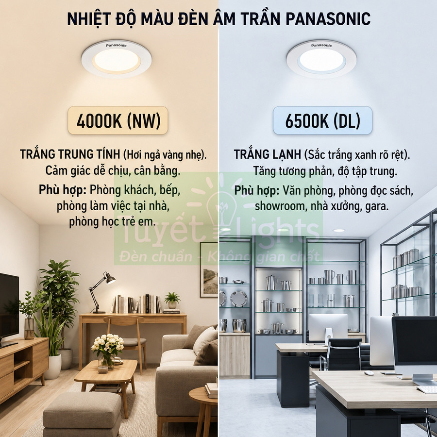 So sánh nhiệt độ màu đèn âm trần Panasonic 4000K cho phòng khách và 6500K cho văn phòng hiện đại