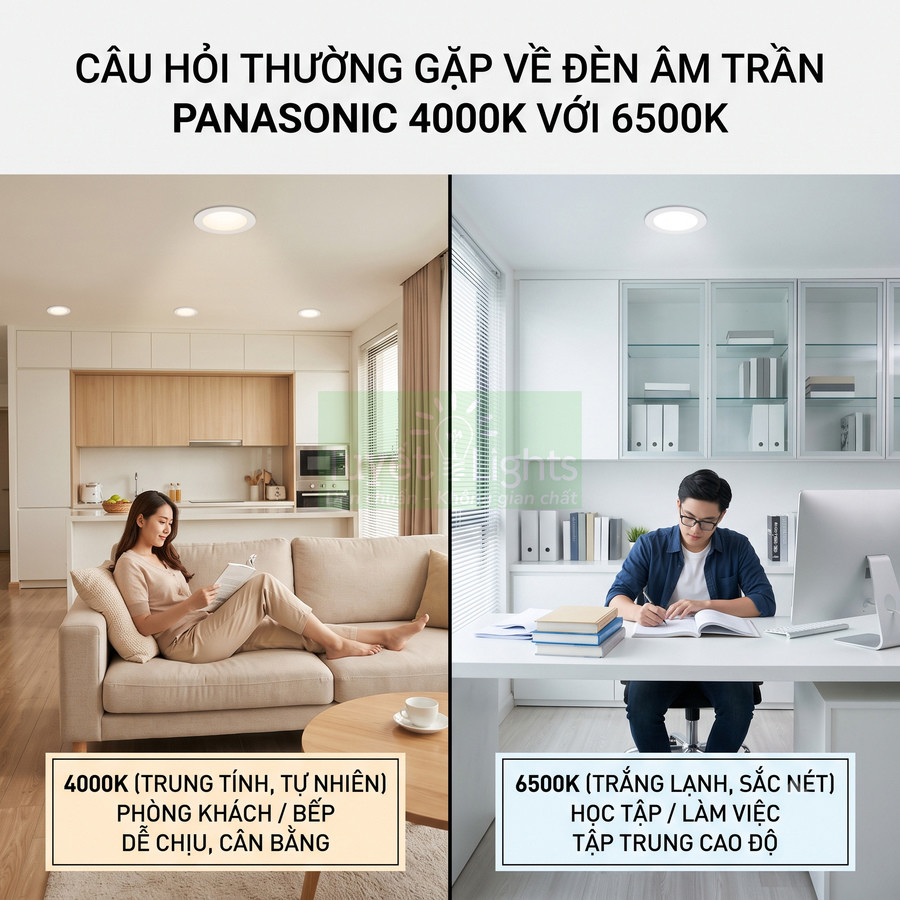 So sánh đèn âm trần Panasonic 4000K cho phòng khách bếp và 6500K cho phòng làm việc học tập