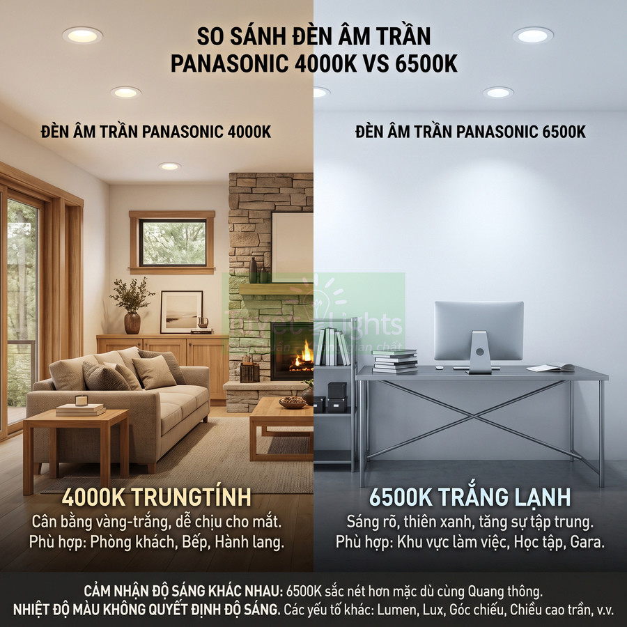 So sánh ánh sáng đèn âm trần Panasonic 4000K trung tính và 6500K trắng lạnh trong phòng khách và phòng làm việc