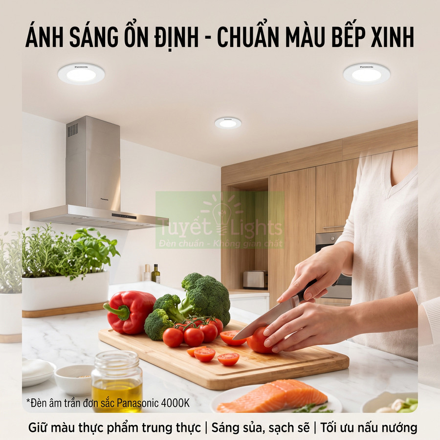 Đèn âm trần Panasonic 4000K chiếu sáng bếp hiện đại, làm nổi bật thực phẩm tươi trên bàn bếp