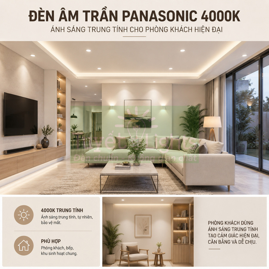 Đèn âm trần Panasonic 4000K chiếu sáng trung tính cho phòng khách hiện đại, nội thất gỗ và sofa sáng màu