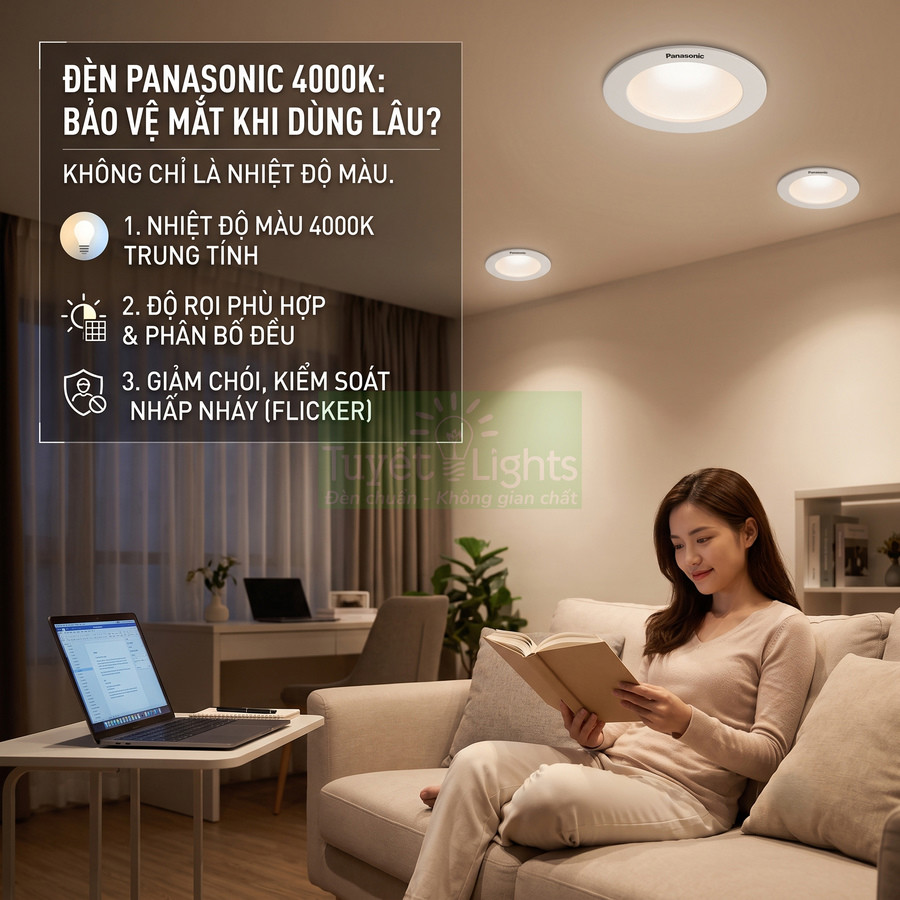 Đèn âm trần Panasonic 4000K chiếu sáng phòng khách, cô gái ngồi sofa đọc sách dưới ánh đèn dịu mắt