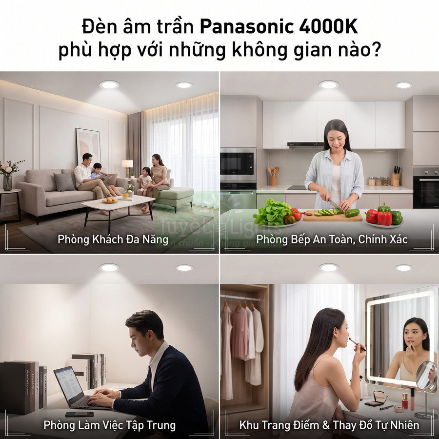 Đèn âm trần Panasonic 4000K chiếu sáng phòng khách, bếp, phòng làm việc và khu trang điểm trong căn hộ hiện đại