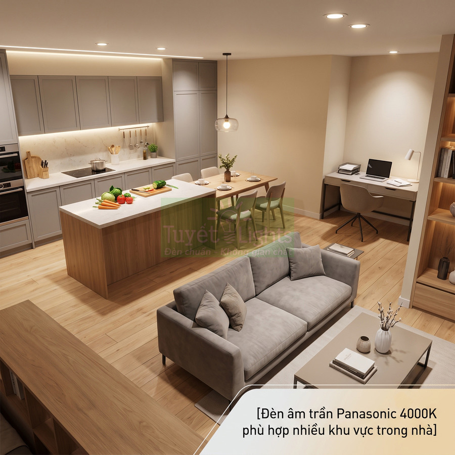 Đèn âm trần Panasonic 4000K chiếu sáng phòng khách liền bếp và góc làm việc hiện đại