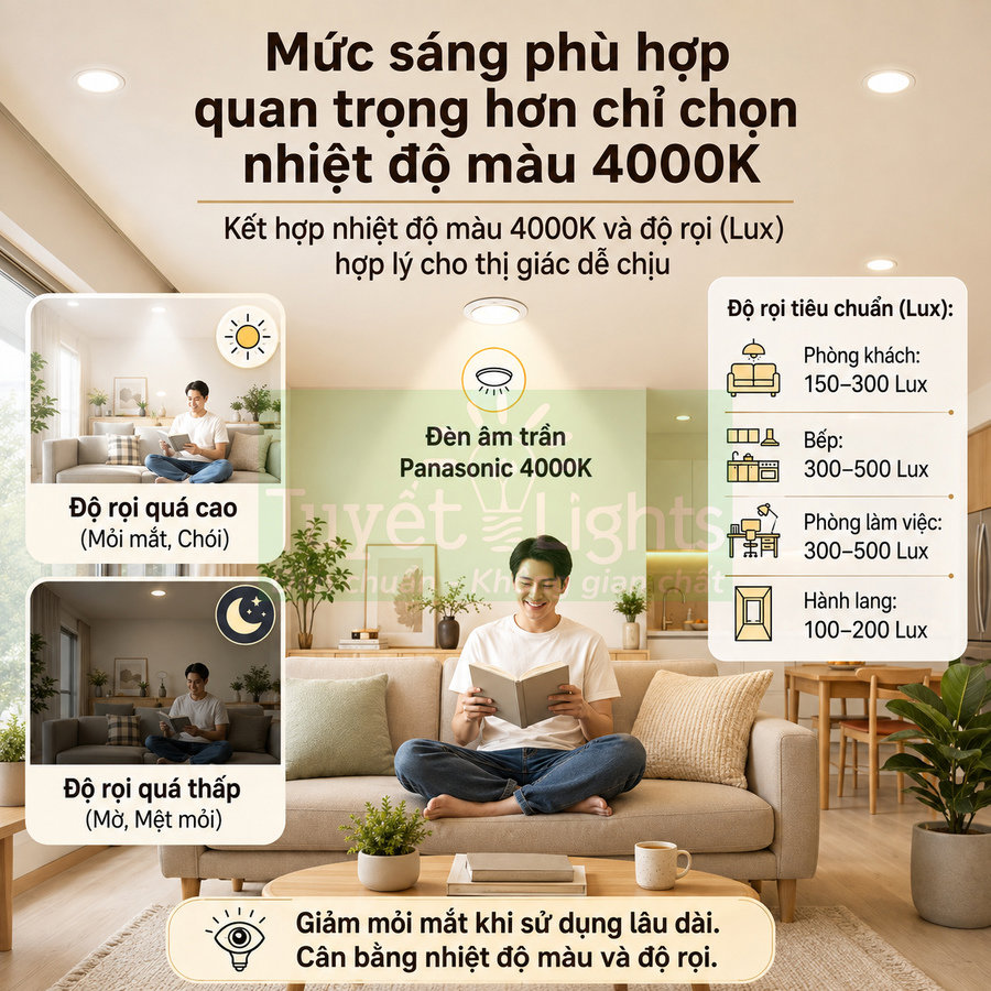 Đèn âm trần Panasonic 4000K chiếu sáng phòng khách hiện đại, giúp đọc sách thoải mái và giảm mỏi mắt