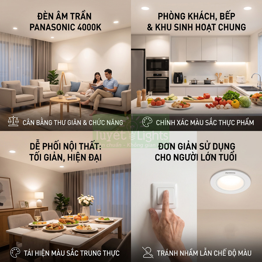 Đèn âm trần Panasonic 4000K chiếu sáng phòng khách, bếp và khu sinh hoạt chung hiện đại