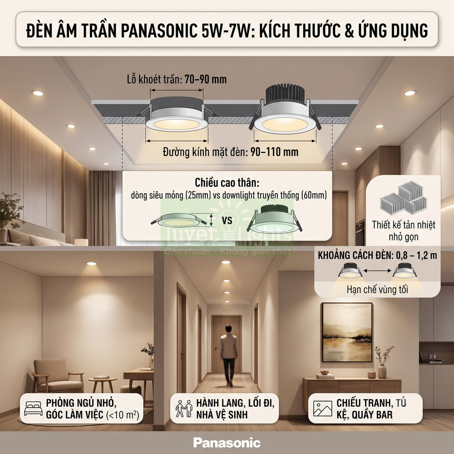 Đèn âm trần Panasonic 5W 7W siêu mỏng lắp trần thạch cao cho phòng ngủ, hành lang, tủ kệ
