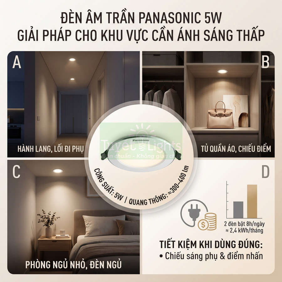 Đèn âm trần Panasonic 5W chiếu sáng hành lang, tủ quần áo, phòng ngủ nhỏ và tiết kiệm điện