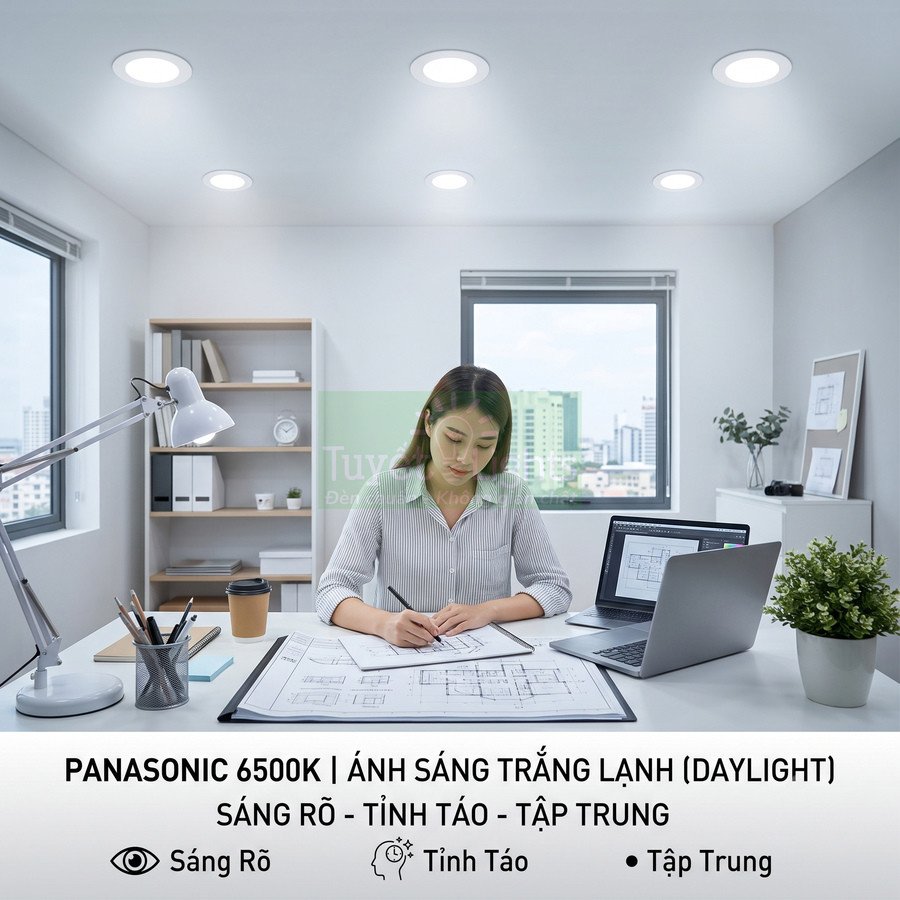 Đèn LED âm trần Panasonic 6500K ánh sáng trắng lạnh cho phòng làm việc sáng rõ, tập trung