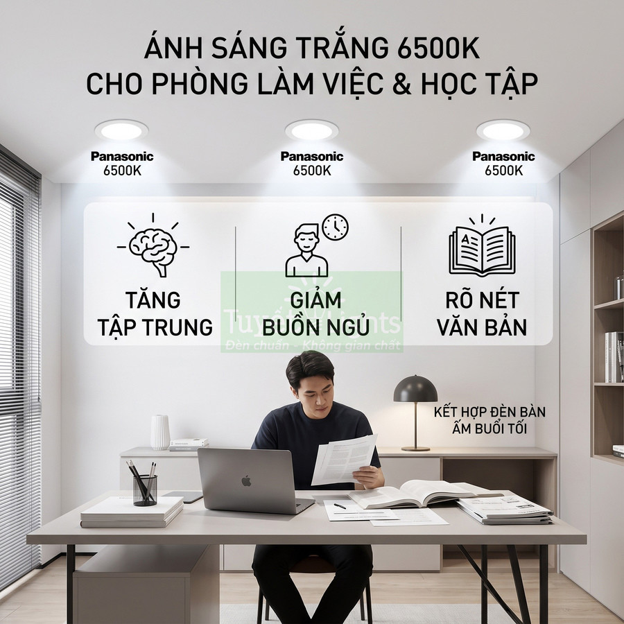Đèn âm trần Panasonic 6500K chiếu sáng bàn làm việc giúp tăng tập trung, giảm buồn ngủ và đọc văn bản rõ nét