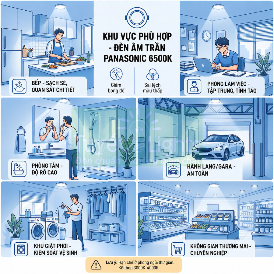 Đèn âm trần Panasonic 6500K chiếu sáng bếp, phòng làm việc, phòng tắm, gara, khu giặt phơi và cửa hàng tiện lợi