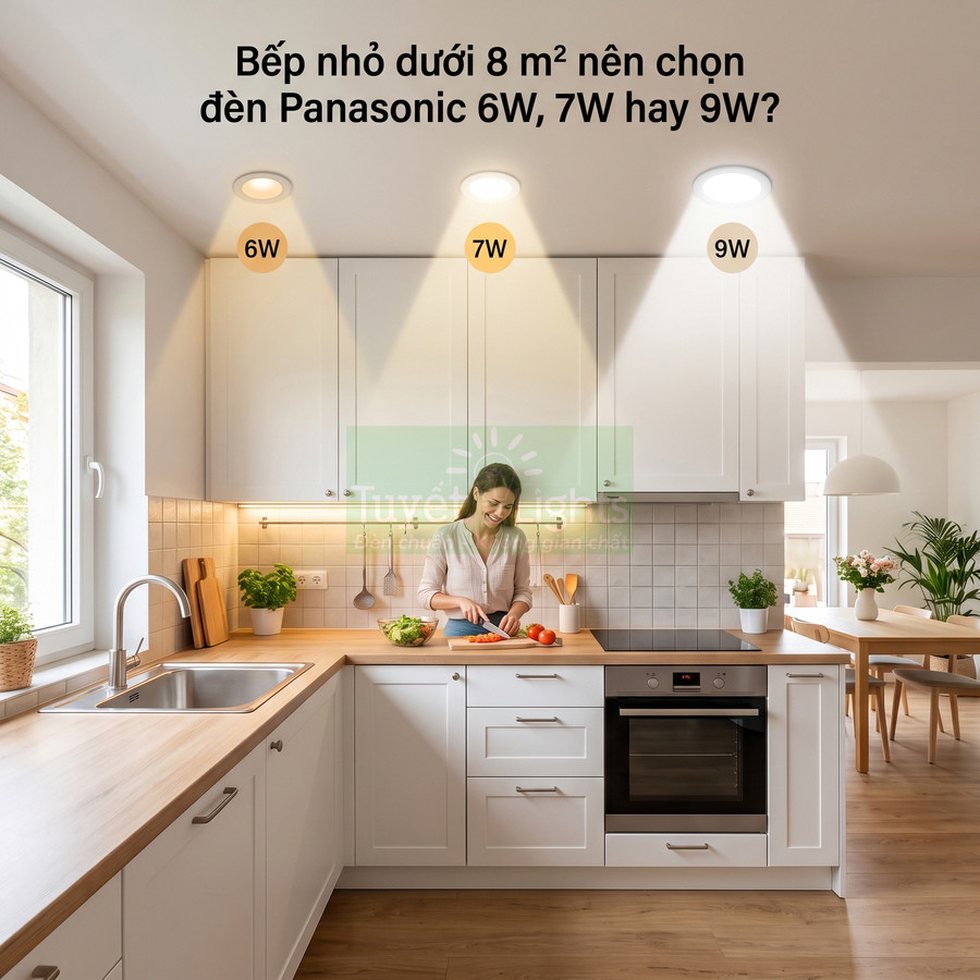 Đèn âm trần Panasonic 6W 7W 9W chiếu sáng bếp nhỏ hiện đại với tủ bếp trắng và người phụ nữ nấu ăn