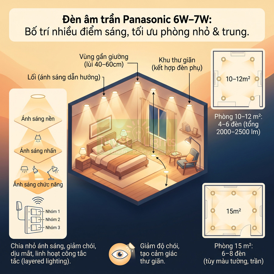 Sơ đồ bố trí đèn âm trần Panasonic 6W 7W cho phòng ngủ nhỏ và trung bình, nhiều lớp ánh sáng thư giãn