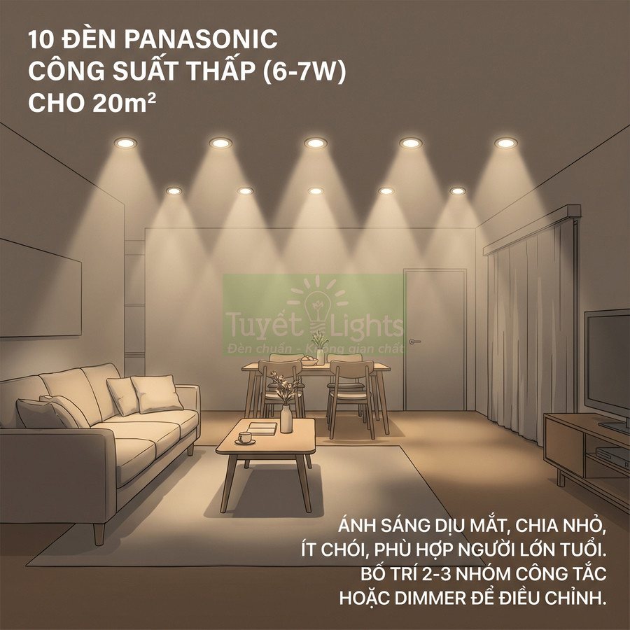 Phòng khách 20m2 lắp 10 đèn âm trần Panasonic công suất thấp 6 7W ánh sáng dịu mắt