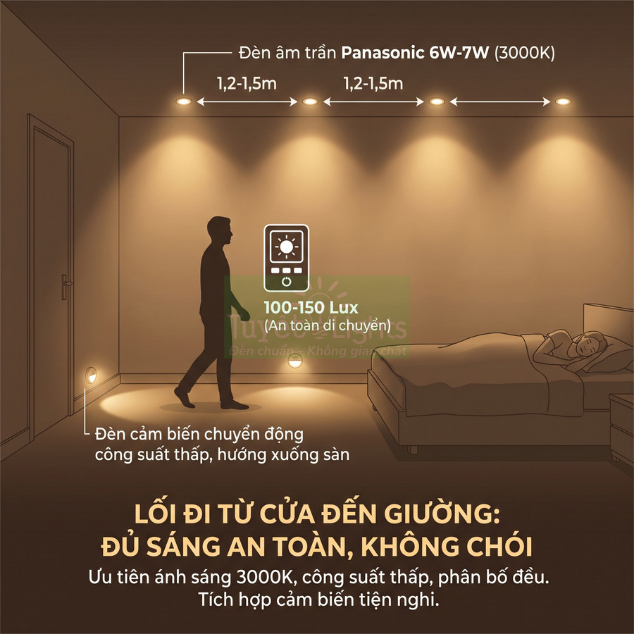 Đèn âm trần Panasonic 6W 7W 3000K chiếu sáng lối đi từ cửa đến giường ngủ an toàn không chói