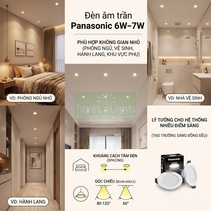 Đèn âm trần Panasonic 6W 7W chiếu sáng phòng ngủ, nhà vệ sinh, hành lang trong căn hộ hiện đại