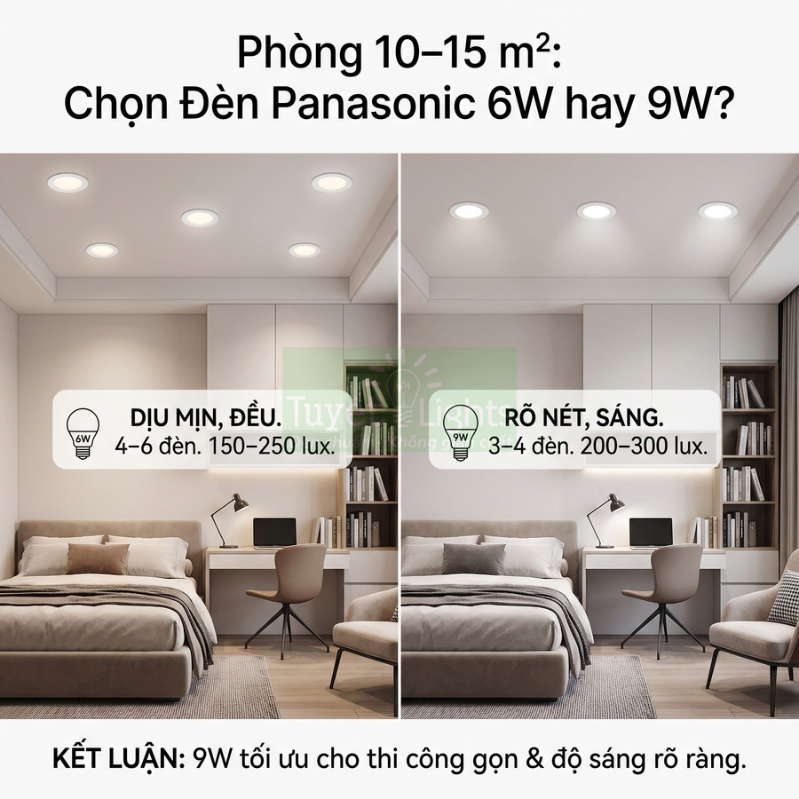 So sánh ánh sáng đèn âm trần Panasonic 6W và 9W cho phòng ngủ 10–15m2, gợi ý chọn 9W sáng rõ hơn