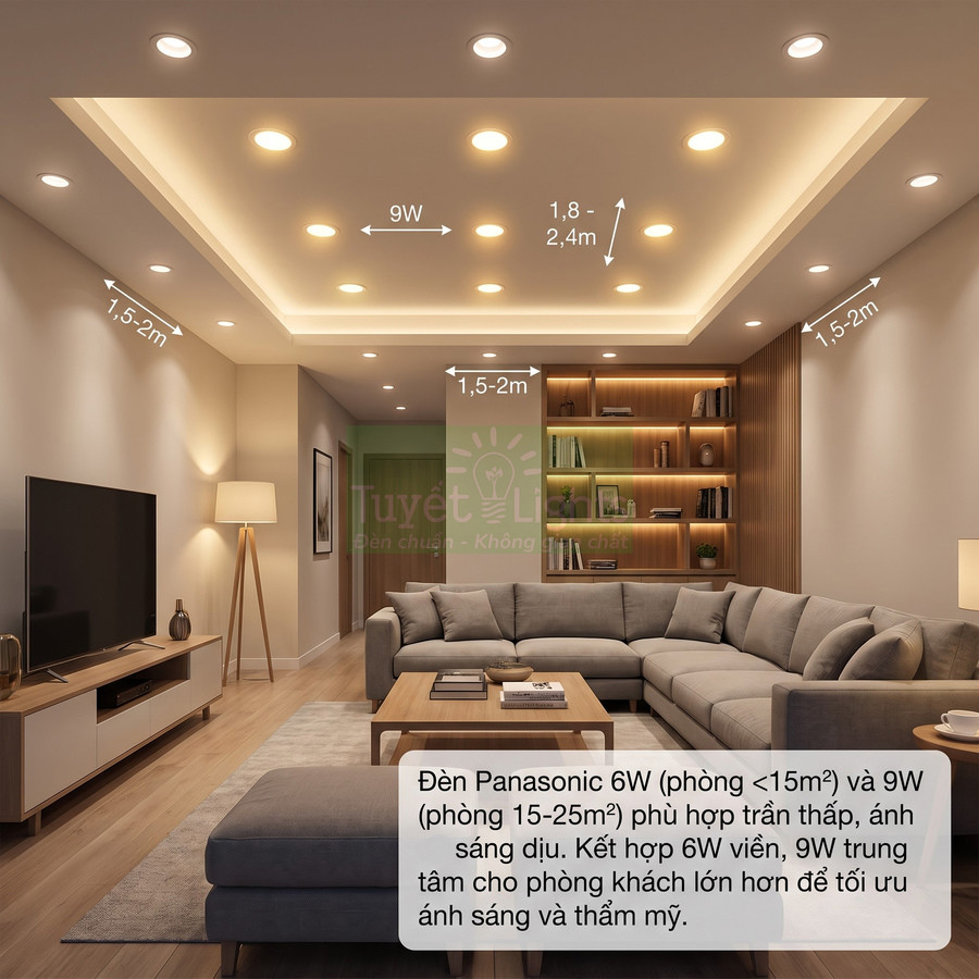 Phòng khách hiện đại sử dụng đèn LED âm trần Panasonic 6W và 9W bố trí tối ưu ánh sáng và thẩm mỹ