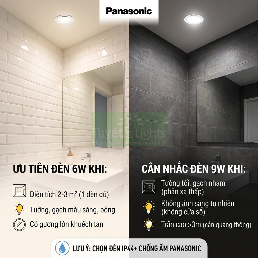 Đèn âm trần Panasonic chiếu sáng phòng tắm với gạch ốp sáng và tối, so sánh lựa chọn đèn 6W và 9W