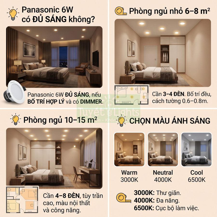 Đèn downlight Panasonic 6W chiếu sáng phòng ngủ với các gợi ý số lượng đèn và lựa chọn màu ánh sáng