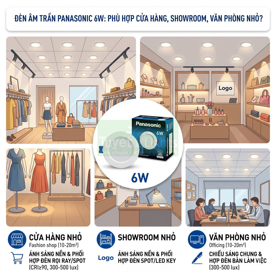 Đèn âm trần Panasonic 6W chiếu sáng cửa hàng, showroom và văn phòng nhỏ