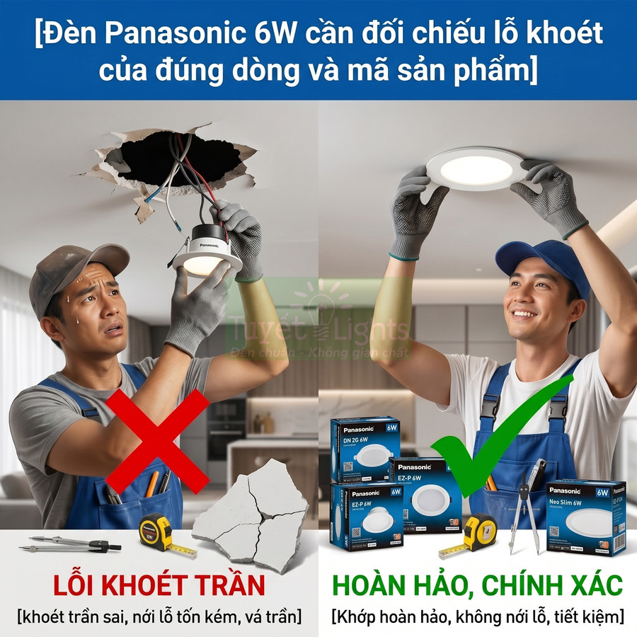 Thợ điện lắp đèn âm trần Panasonic 6W đúng kích thước lỗ khoét, khớp trần phẳng, kèm hộp sản phẩm Panasonic