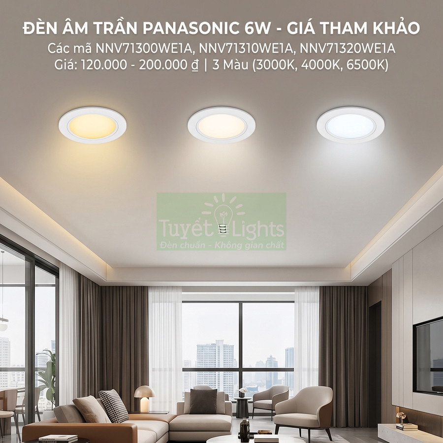 Đèn âm trần Panasonic 6W ba màu lắp trong phòng khách hiện đại với nội thất sang trọng
