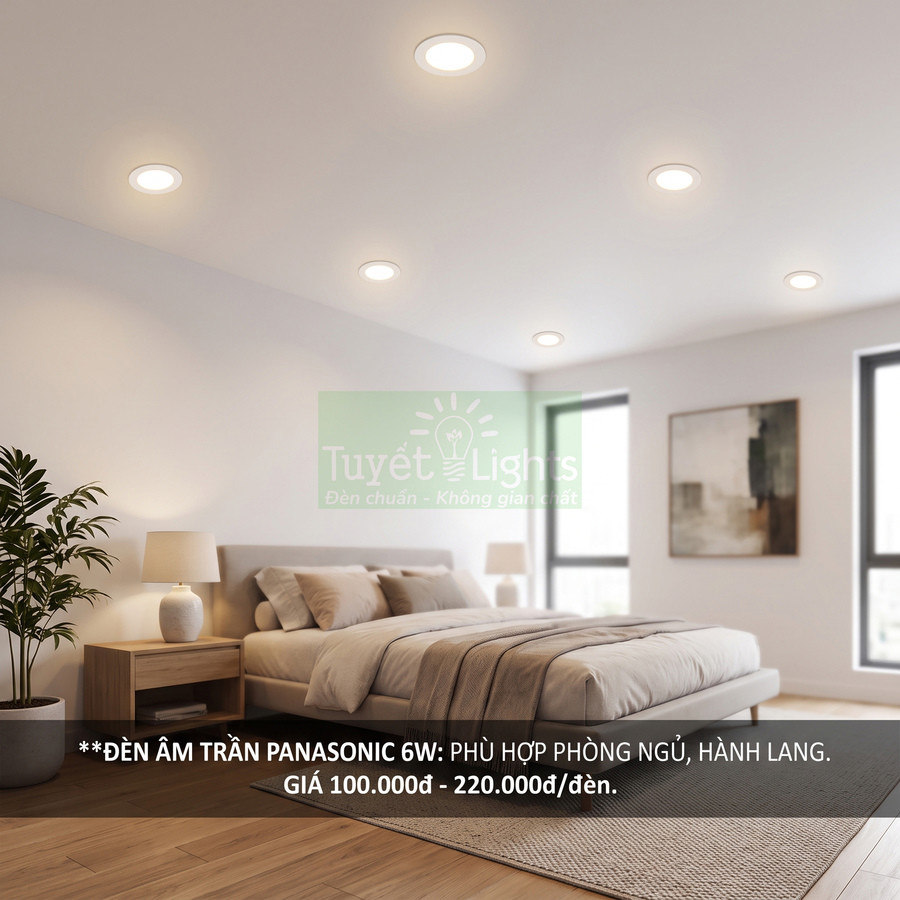 Đèn âm trần Panasonic 6W chiếu sáng phòng ngủ hiện đại với giường và nội thất gỗ