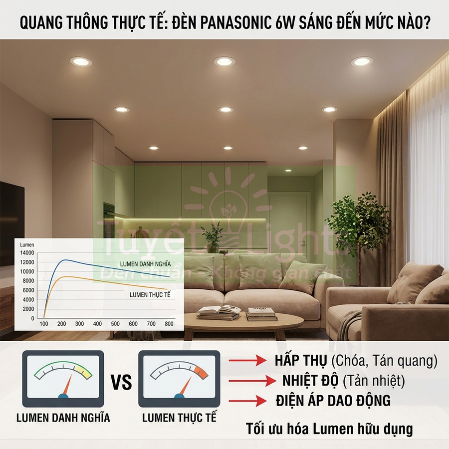 Phòng khách hiện đại sử dụng nhiều đèn âm trần Panasonic 6W ánh sáng vàng, minh họa so sánh lumen danh nghĩa và thực tế