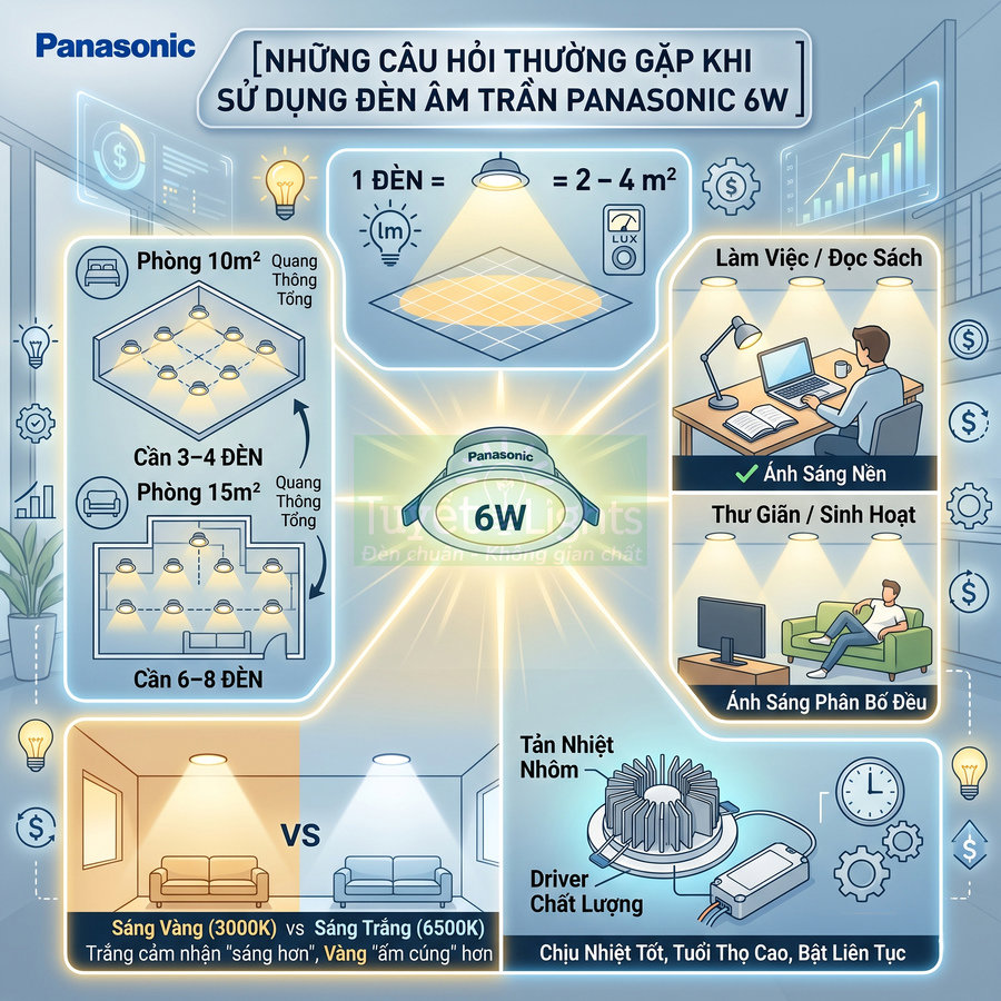 Infographic hướng dẫn sử dụng đèn âm trần Panasonic 6W cho phòng 10m2 15m2 và so sánh ánh sáng vàng trắng